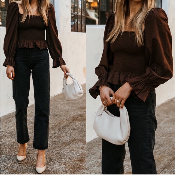 Reformation Darby Top Smocked Long Sleeve Peplum Hem Cafe Brown Size M - Picture 4 of 6